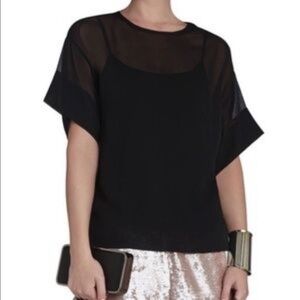 BCBGMaxAzria Black Breezy Kaftan Sheer Short sleeve Crewneck Boxy Shirt Top XXS